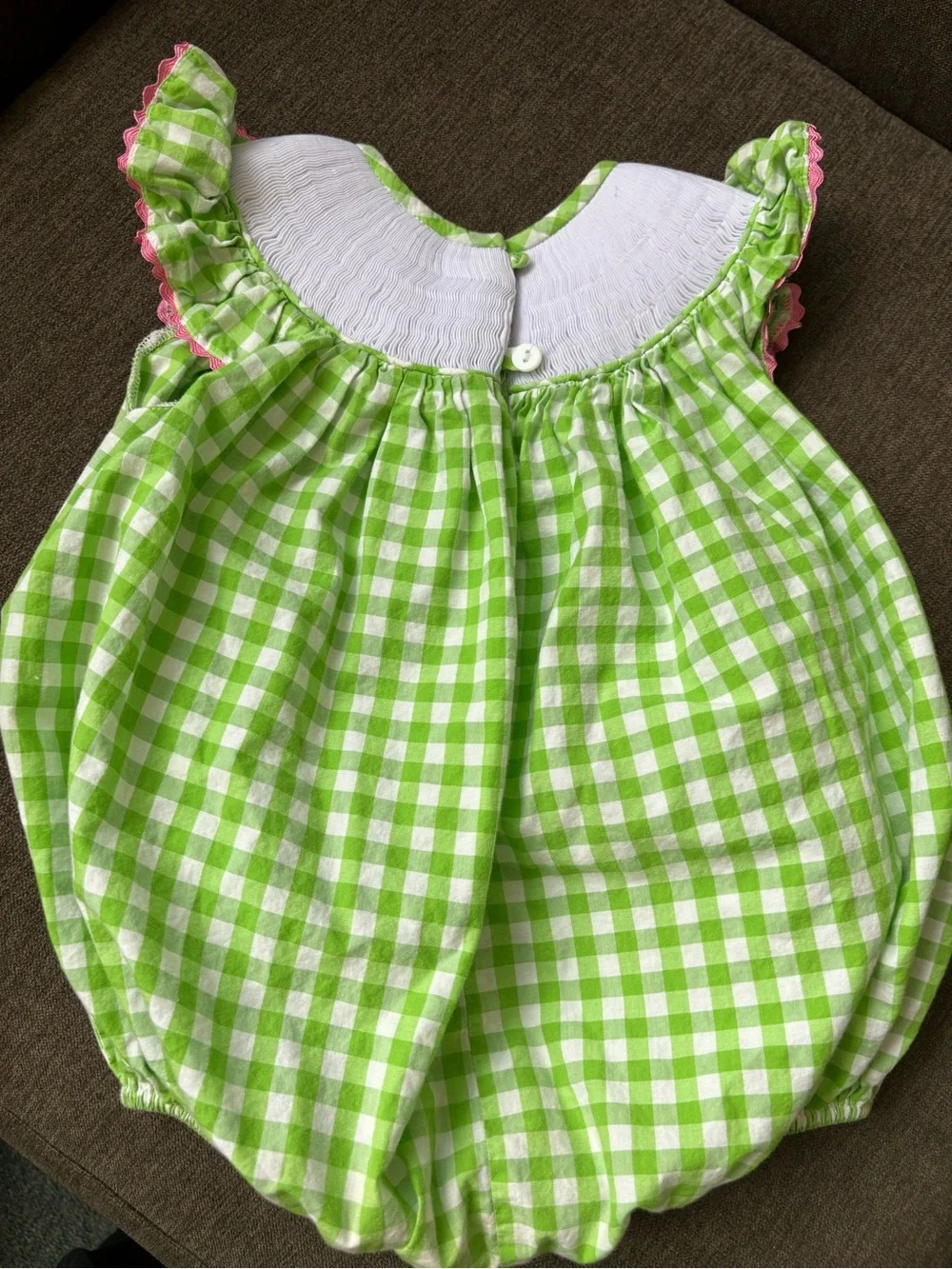 Green Gingham Baby One-Piece with Colorful Fish Embroidery